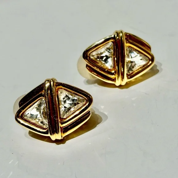 Vintage Swarovski Gold Triangle Clip-On Earrings - Picture 3 of 12